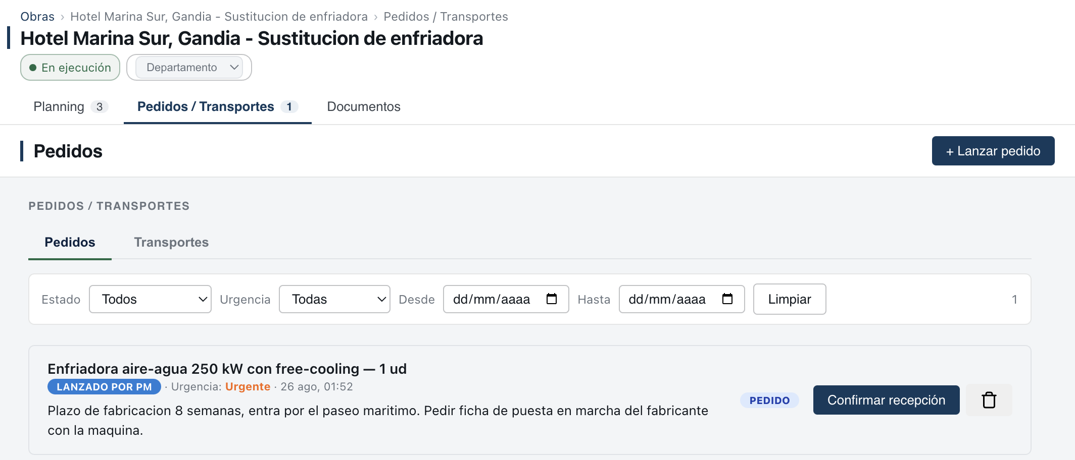 Captura real del seguimiento de pedidos de material en Zetein